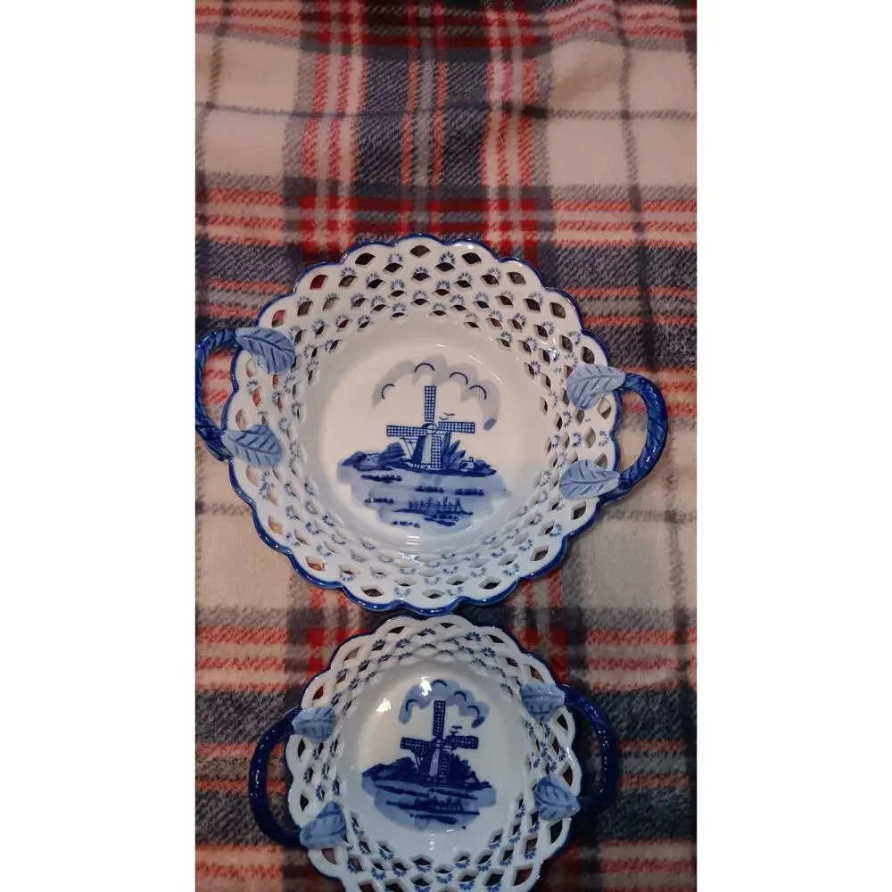 Lot Of 2 Delft Blue Pierced Lattice Trinket Dish, Holland, Windmill Handpainted